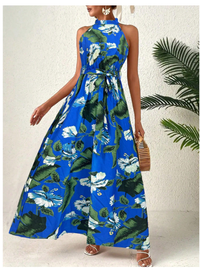 Women's Tropical Plant Print Knotted Waist Halter Mini Dress