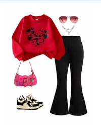 2pcs Young Girls Heart Print Crew Neck Long Sleeve Sweatshirt & Black Flared Pants Set