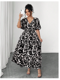 Plus Size Women's Casual Elegant Dual-Color Floral Print Waist-Cinched V-Neck Ruffle Sleeve Maxi Dress Carousel 2