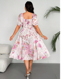 Plus Size Elegant Floral Print Lantern Sleeve Dress Carousel 2