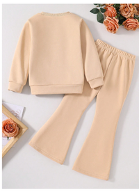 Young Girls Heart Print Crew Neck Sweatshirt And Flared Pants Set Carousel 1