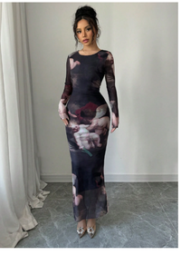  Round Neck Fitted Angel Doll Print Women Dress Carousel 1