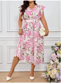 Plus Size Women Elegant Floral All-Over Print Ruffle Hem Dress For Summer