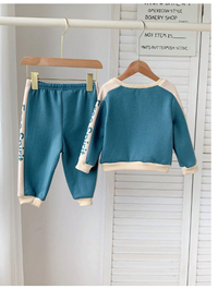 2pcs/Set Infant Baby Boy/Girl Green Letter Print Contrast Color Soft Knit Crew Neck Long Sleeve Sweatshirt & Jogger Pants