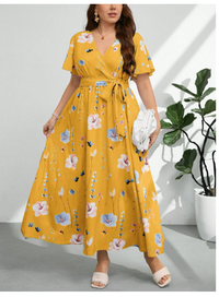 Plus Size Women V-Neck Loose Fit Drawstring Waist Slit Print  Carousel 3