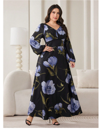 Plus Size Women Holiday Floral Print V-Neck Lantern Sleeve Dress Carousel 5