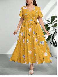Plus Size Women V-Neck Loose Fit Drawstring Waist Slit Print 