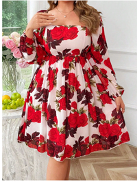 Plus Size V-Neck Red Rose Floral Print Elegant A-Line Midi Dress Carousel 3
