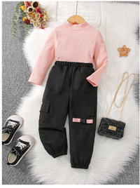 Toddler Girls Mock Neck Tee & Buckle Tape Cargo Pants Carousel 3