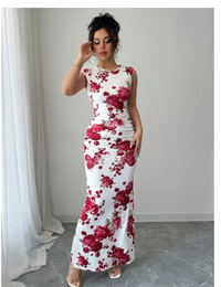 Floral Print Elegant Round Neck Sleeveless Women Dress