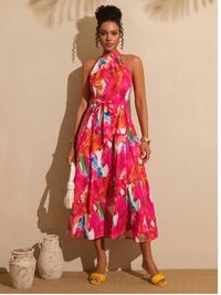 Women's Tie-Dye Floral Print Ruffle Hem Halter Neck Vacation Dress