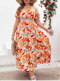 Plus Size Women Plant Print Tie Front Short Sleeve Casual Dress Carousel 3