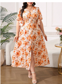 Plus Size Women's V-Neck Orange Floral Print Slim Fit Long Dress Carousel 3