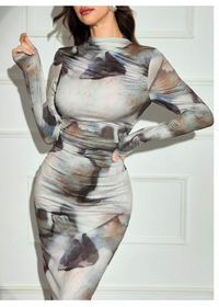 Women's Tie-Dye Print Stand Collar Long Sleeve Pleated Fitted Long Dress  Carousel 7