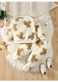 2pcs Set Baby Girls Fashion Casual Bear Pattern Crew Neck Long Sleeve Fleece Top And Pants Set