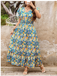 Plus Size Maxi Dress Floral Print Dress Ruffle Sleeves V-Neck Waist Dress Long Dress  Carousel 1