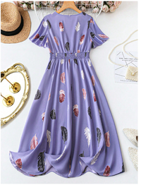 Plus Size Summer Casual Feather Allover Print Dress With Pleated Waist Maxi Women Outfit Carousel 1