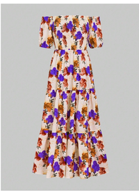 Women Floral Print Short Sleeve Off-The-Shoulder 
