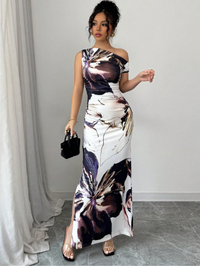 Women's Oblique Shoulder Printed Long Dress Carousel 3