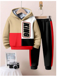 2pcs Vintage Prints, Little King, Young Boys Loose Fit Casual Hooded Sweatshirt Set Carousel 1