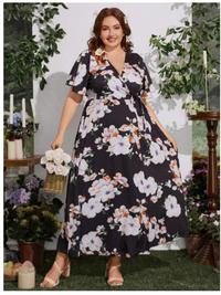 Plus Size Elegant Floral Print Tie-Front Dress Carousel 4