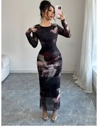  Round Neck Fitted Angel Doll Print Women Dress Carousel 5