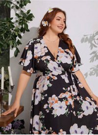 Plus Size Elegant Floral Print Tie-Front Dress Carousel 5