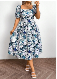 Plus Size Women Fashion All-Over Floral Print Square Neck Ruched Short Sleeve Dress Carousel 5