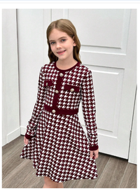 Tween Girl Houndstooth Patchwork Button Decor Round Neck Fitted Elegant Long Sleeve Knit Dress Carousel 2