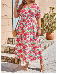 Plus Size Women Floral Print V-Neck Short Sleeve Midi Dress