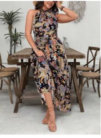 Plus Size Apricot Bohemian Floral Print Halter Maxi Loose  Carousel 2