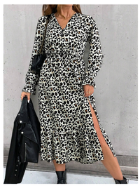Floral V-Neck Half-Buttoned Long Sleeve Dress With Side Slit Hem