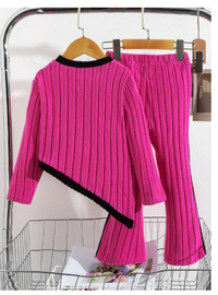 2pcs/Set Young Girl Colorblock Ribbed Fabric Top And Side Colorblock Pants Set Carousel 1