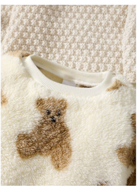 2pcs Set Baby Girls Fashion Casual Bear Pattern Crew Neck Long Sleeve Fleece Top And Pants Set