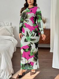 Women floral print elegant long fitted Dress Carousel 2