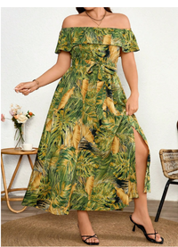Plus Size Women's Woven Tropical Floral Print Off Shoulder Tie Bow Dress Carousel 2