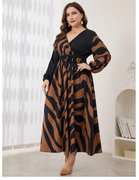  Crossed Collar Zebra Print Splice Waisted Midi Dress