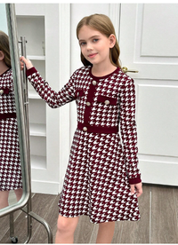 Tween Girl Houndstooth Patchwork Button Decor Round Neck Fitted Elegant Long Sleeve Knit Dress Carousel 1