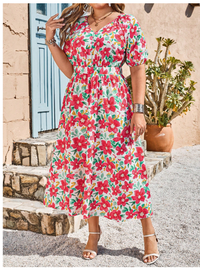 Plus Size Women Floral Print V-Neck Short Sleeve Midi Dress Carousel 4