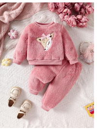 Baby Girl Casual Animal Embroidered Fleece Sweatshirt And Sweatpants Set