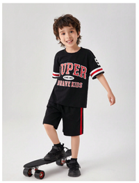 2pcs Young Boy Sporty Loose Fit Drop Shoulder Round Neck T-Shirt With Multi-Color Letter Print
