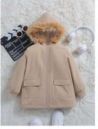 Young Boy Flap Pocket Fuzzy Trim Hooded Thermal Lined Zipper Front Coat Carousel 2