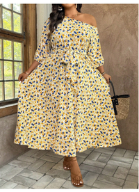 Plus Size Women Vacation Ditsy Floral Asymmetric Neckline Lantern Sleeve Dress