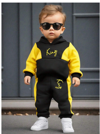 2pcs Baby Boy/Girl Black & Yellow Patchwork Sweatshirt And Loose Fit Color Block Jogger Pants Set