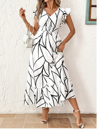 Woven Print Flared Sleeve Fitted Women Long Dress