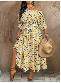 Plus Size Women Vacation Ditsy Floral Asymmetric Neckline Lantern Sleeve Dress Carousel 3