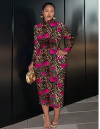 Plus Size Long Sleeve Round Neck Fitted Long Floral Leopard Print Dress Carousel 1