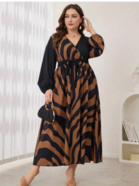  Crossed Collar Zebra Print Splice Waisted Midi Dress