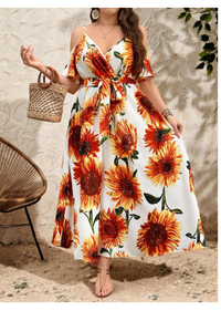 Plus Size Women Sunflower Print Adjustable Spaghetti Strap Open Shoulder Slit Carousel 5