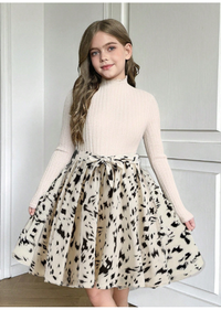 Tween Girls' Casual Comfy Knitted Crew Neck Long Sleeve Floral Patchwork Dress
